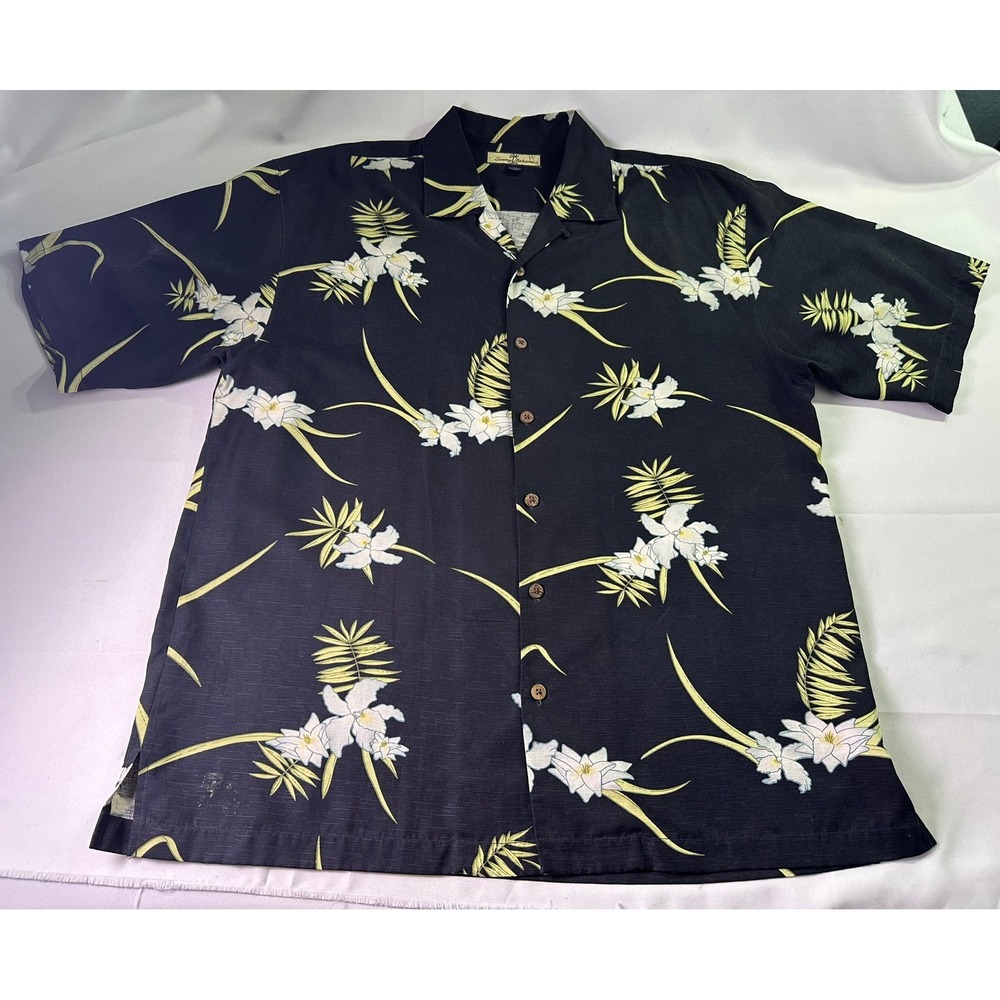 Tommy Bahama Shirt Mens Large Black Floral Silk Tropical Hawaiian Camp Button Up